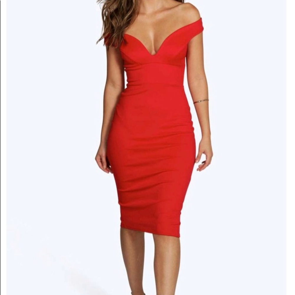 Boohoo off shoulder red dress